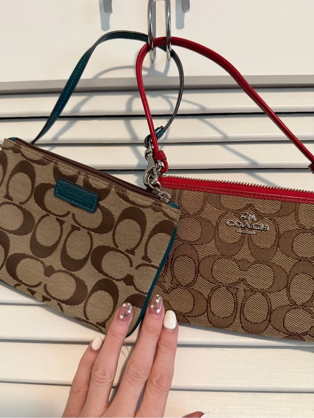 Coach Double Wristlet Set in Brown with Red & Teal Trim